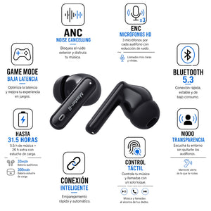 Audífonos Bluetooth Master-G con Cancelación de Ruido ANC Game Mode y App BUDS32B
