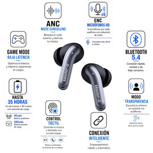Audífonos Bluetooth Master-G con Cancelación de Ruido ANC Game Mode y App BUDS60B