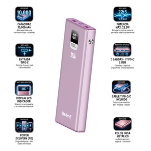 Power Bank 10000mAh Carga Rápida 22.5W Rosado UCP10PPD