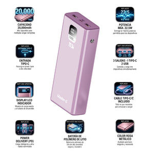 Power Bank 20000mAh Carga Rápida 22.5W Rosado UCP20PPD